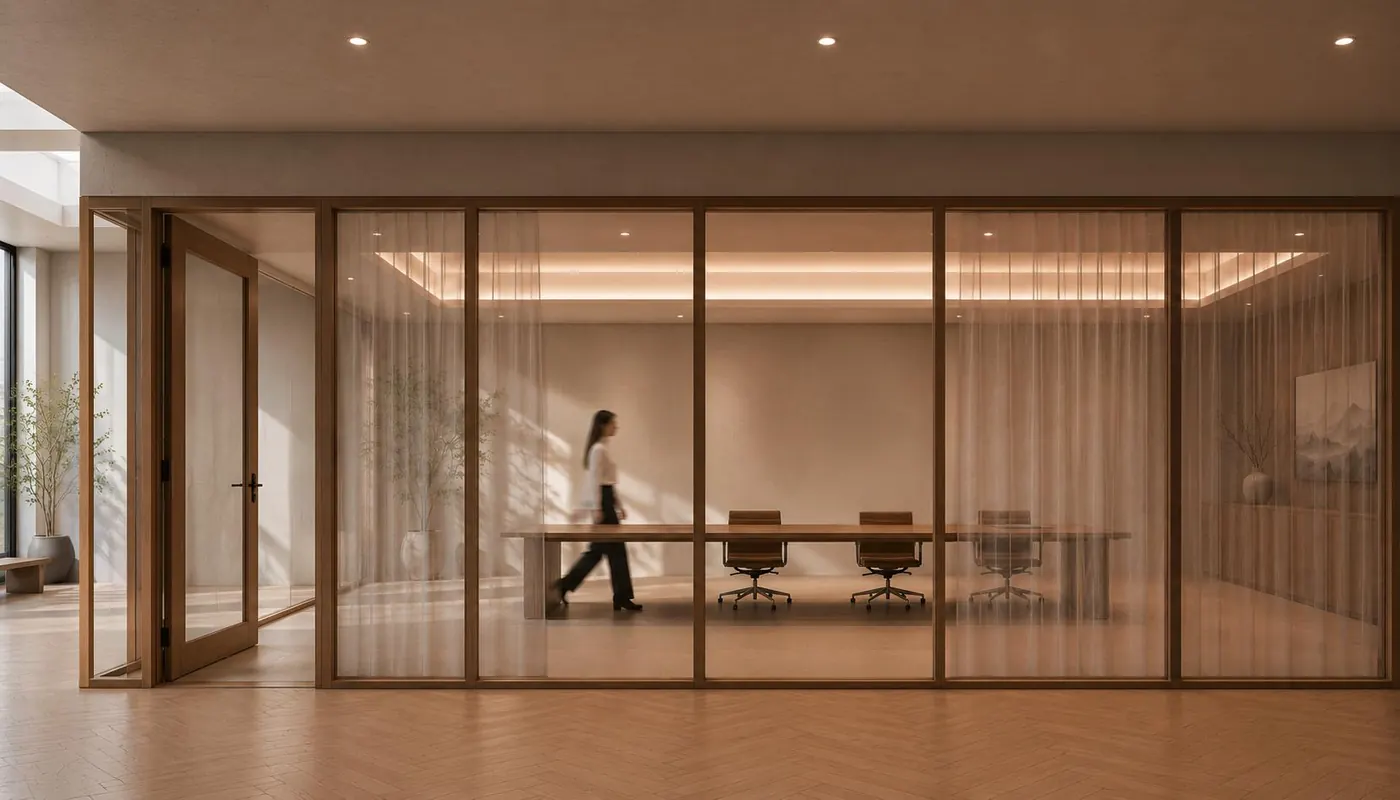Boardroom enclosed in floor-to-ceiling glass partitions